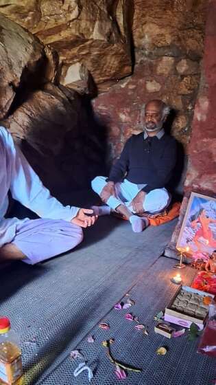 Rajinikanth meditates at Mahavatar Babaji cave in the lap of Himalayas..