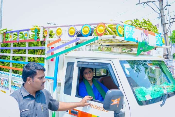Andhra Congress chief Sharmila drives truck loaded with bananas to highlight farmers’ plight..
