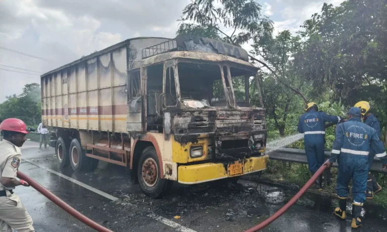 Eicher Lorry Catches Fire Near Ghanpur ORR Exit in Hyderabad